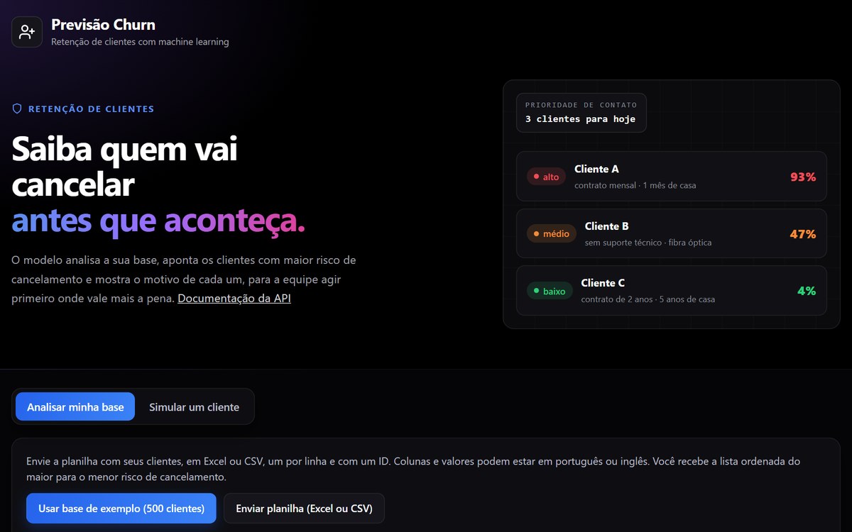 App de previsão de churn analisando uma base de 500 clientes: resumo com clientes a abordar e ganho esperado, e lista ordenada por risco com o motivo de cada cliente
